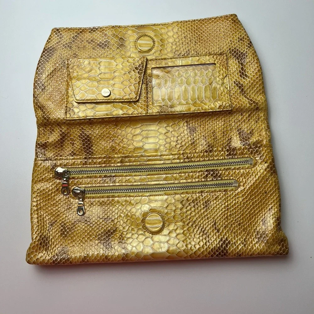 ABAS Snakeskin Embossed Yellow Brown Bag Clutch Purse